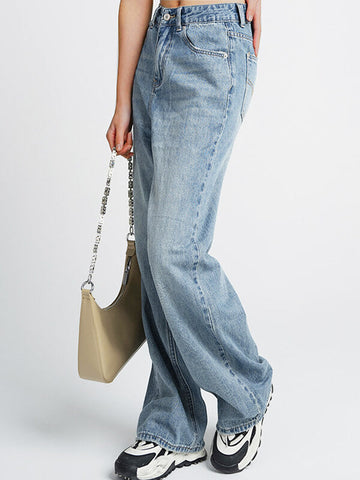 Woochic jeans droit larges jambes évasé avec poches taille haute femme décontracté
